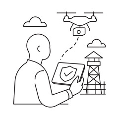 Line art illustration of a surveillance drone flying over a protected area. Concept of aerial security and remote monitoring with drone technology.