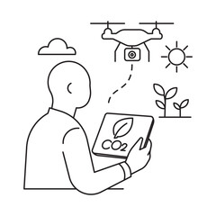 Line art illustration of a drone monitoring environmental data like CO2, sunlight, and plants. Concept of ecological research and climate tech.