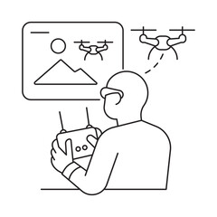 Line art illustration of a person piloting a drone using a controller with live FPV video on a monitor. Remote drone navigation technology concept.