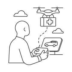 Line art illustration of a drone delivering medical supplies. Concept of emergency aid and healthcare logistics with drone technology.