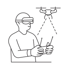 Line art illustration of a person flying a drone using FPV goggles and remote controller. Concept of immersive drone control with virtual reality.