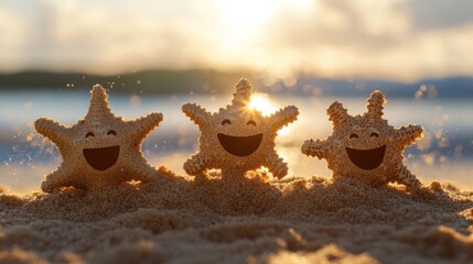 Three happy starfish on beach at sunset