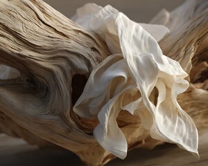 Natural asymmetry of driftwood crumpled fabric and simple pottery styling
