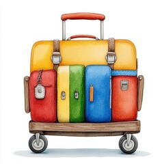 Colorful Watercolor Luggage Cart Illustration
