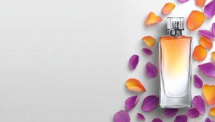 Elegant perfume bottle with a gradient of amber and white, surrounded by scattered rose petals of orange and purple, on a clean white background