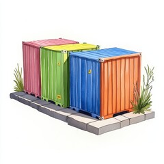 Colorful Watercolor Shipping Containers on Paved Surface
