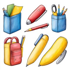 Colorful Watercolor School Supplies Illustration Set