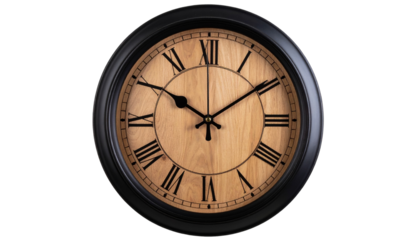 Black Round wooden wall clock in classic design showing time on a rustic background cutout isolated on transparent bg, cutout png