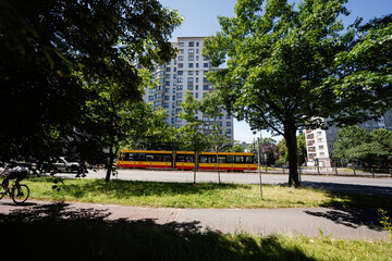 City train passing through urban green park in busy residential area