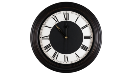Black Round wooden wall clock in classic design showing time on a rustic background cutout isolated on transparent bg, cutout png