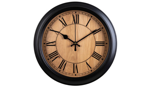 Black Round wooden wall clock in classic design showing time on a rustic background cutout isolated on transparent bg, cutout png
