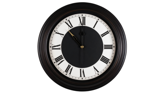 Black Round wooden wall clock in classic design showing time on a rustic background cutout isolated on transparent bg, cutout png