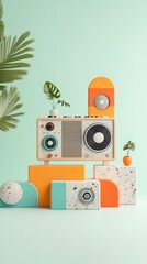 Obraz premium Retro radio with plants and colorful blocks