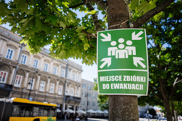 Evacuation assembly point sign attached to a tree in Warsaw, Poland