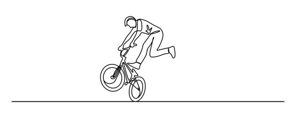 Obraz premium Continuous line art of a man performing and stunting on his bicycle. High jumps and falls from a height, the concept of showing off his cycling skills.