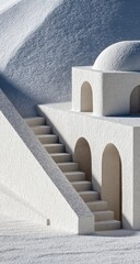Minimal white building with arched doorways and steps ascending in a sunny, soft environment. Textural shadow play with a domed roof element
