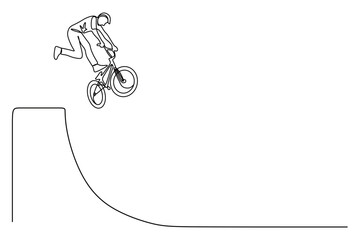Continuous line art of a man performing and stunting on his bicycle. High jumps and falls from a height, the concept of showing off his cycling skills.