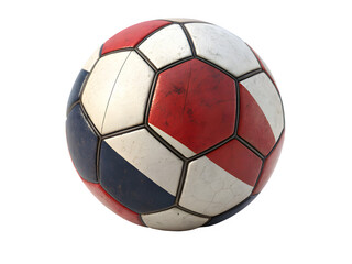Classic soccer ball with red white and blue panels on black background