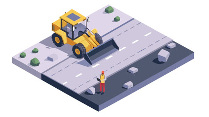 Isometric view of a construction site with a bulldozer and a worker inspecting the road work area