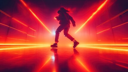 Obraz premium Silhouette dancer in neon light tunnel
