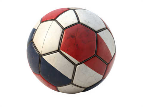 Classic soccer ball with red white and blue panels on black background