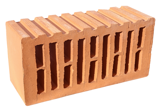 Red cladding ceramic brick isolated on a transparent background. Full depth of field. PNG.