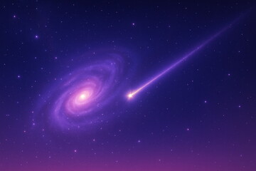 紫の銀河と彗星の幻想宇宙背景 ー 渦巻銀河に伸びる光跡が印象的。Webバナーや壁紙、プレゼン背景に最適な夜空のイラスト。テキストスペースあり。 © ail-cat