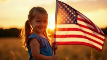 A young girl holds an American flag in a green field, symbolizing patriotism and freedom - Powered by Adobe