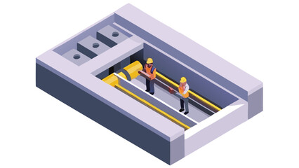 Isometric view of two construction workers installing yellow pipes in a concrete structure below ground