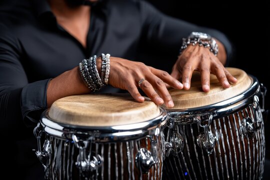 Musician plays conga drums with skilled hands in a studio setting