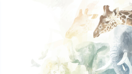 Playful watercolor illustration of safari animals in soft pastel tones.