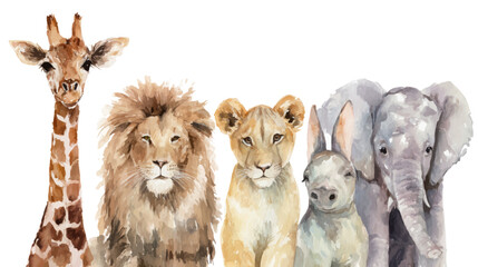 Playful watercolor illustration of safari animals in soft pastel tones.