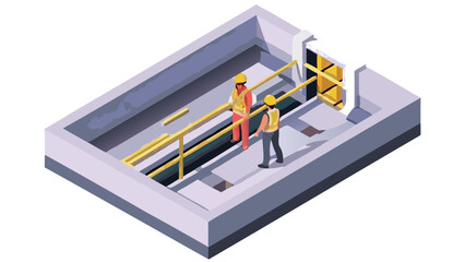 Two workers in safety vests and hard hats on a construction site with concrete structure and railings