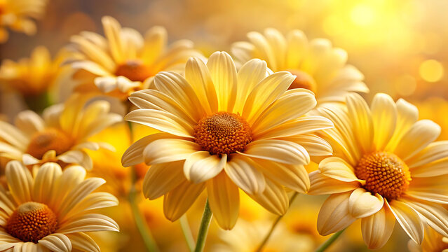 Close up of bright yellow daisy like flowers bathed in warm golden sunlight