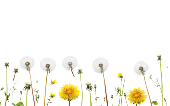 Dandelions and dandelion seeds on white background,png