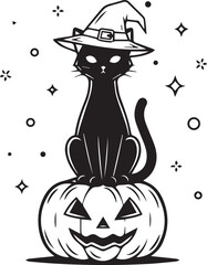 Black Cat in Witch Hat Sitting on Jack-o'-Lantern Vector Illustration