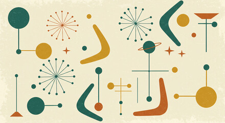 Retro abstract background with mid-century modern atomic and space age elements. Vintage 1950s style pattern with geometric shapes, boomerangs, and starbursts on a textured backdrop.