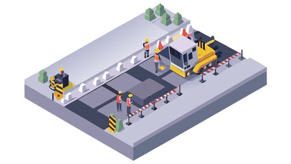 Isometric view of road construction site with workers and machinery repairing the asphalt pavement