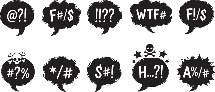 Black speech bubbles with censored exclamations and symbols, speech bubble, black, white, text, symbols, exclamation, censored, curse, profanity, communication, expression, graphic, illustration, desi