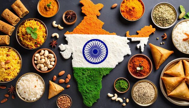 Traditional Indian food arranged to form India map with vibrant tricolor accents for Independence Day celebration - Powered by Adobe