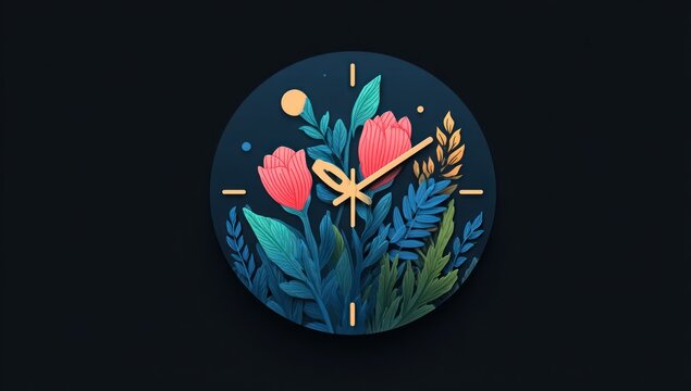 Floral Clock. Decorative clock with coral flowers, green and blue leaves, and golden accents set against a dark blue backdrop with golden clock hands - Powered by Adobe