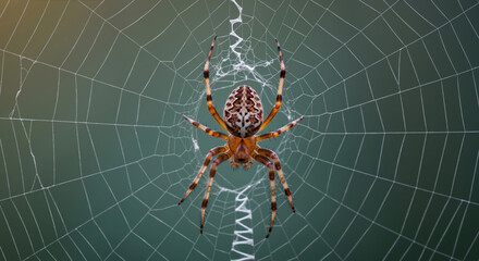 Garden spider centered in dew covered web with intricate silk patterns. Arachnid predator in natural habitat for wildlife education and ecosystem balance campaigns
