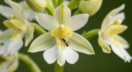 Fototapeta premium White orchid flower with yellow center and small ant visitor. Pollination process and insect flower interaction. Botanical garden and nature symbiosis educational content