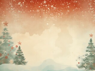Whimsical vintage watercolor painting of snow covered pine trees in a festive winter forest scene with a bokeh of sparkling red and gold lights at the top