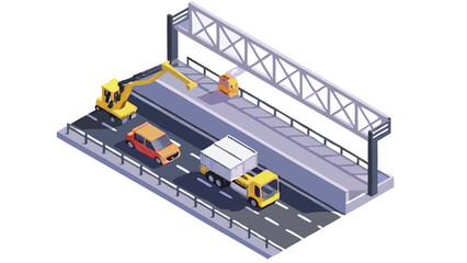 Isometric view of highway with crane, car, and truck passing under a gantry structure above the road
