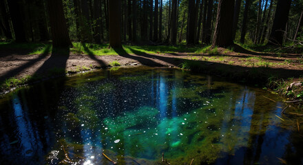 Crystal clear spring pool with bright blue water surrounded by tall forest trees. Natural water source and pristine ecosystem. Environmental conservation and wilderness protection