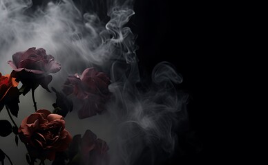 Mysterious red roses emerge from swirling grey smoke against a stark black background creating an atmospheric and dramatic artistic composition with a sense of intrigue