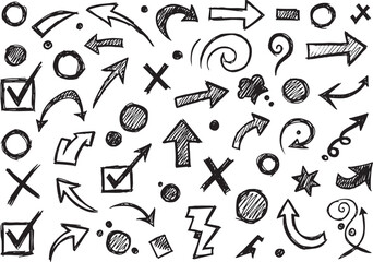 Hand drawn arrows circles crosses and shapes check marks, arrows, circles, crosses, check marks, shapes, doodles, hand drawn, black and white, graphic design, icons, symbols, abstract, sketch, illustr