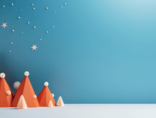 Whimsical 3d illustration of a snowy forest scene with stylized orange christmas trees and twinkling stars against a soft blue background perfect for holiday greetings and festive designs