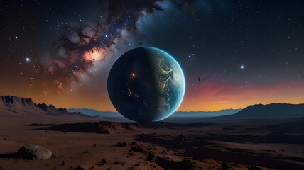 A galaxy viewed from the surface of an alien planet 